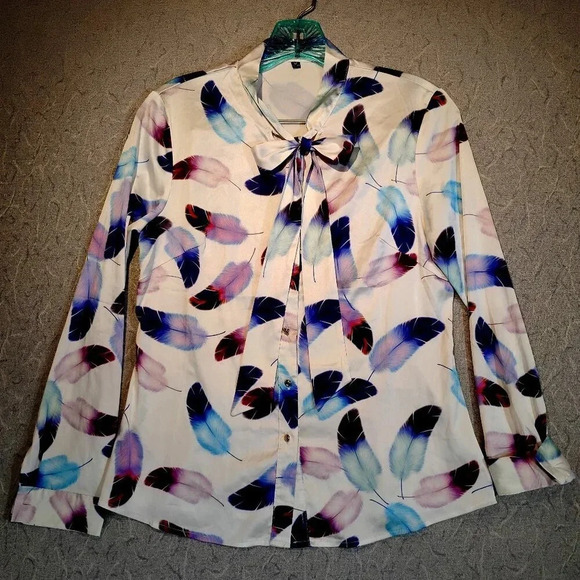 Women's White w/Blue/Purple Feathers Button Up Bow Tie Blouse Long Sleeve Medium - Picture 1 of 11